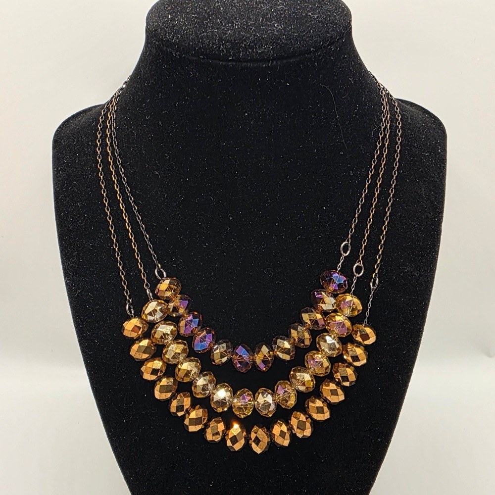 Kirks Folly Triple Strand Bib Necklace Facets Iridis Beads AB Crystal Gunmetal